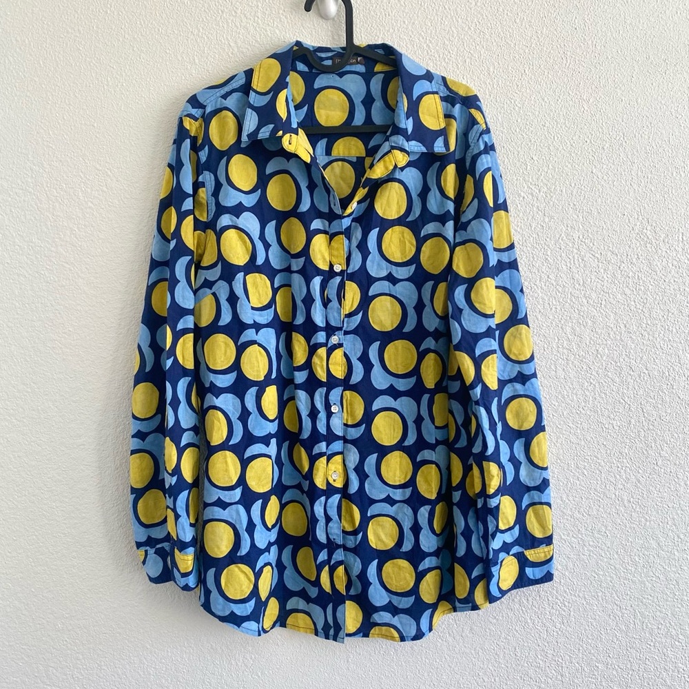 J. McLaughlin Blue and Yellow Patterned Polka Top Long Sleeve Cotton Blouse